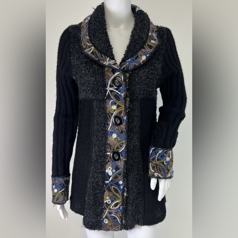 Sioni Black Cardigan with Blue and Olive Trim
